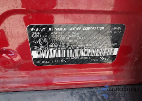 2017 Mitsubishi Outlander Sport 2.4 Se из США, поврежденный, VIN JA4AR3AW0HZ061915